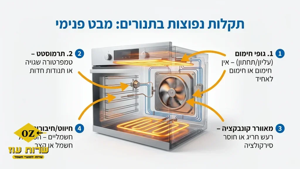 אחרי הפסקה הראשונה תחת הכותרת של תקלות נפוצות בתנורים, להמחשת עבודת תיקון פנימית. טכנאי מקצועי מבצע תיקון גוף חימום בתנור אפייה