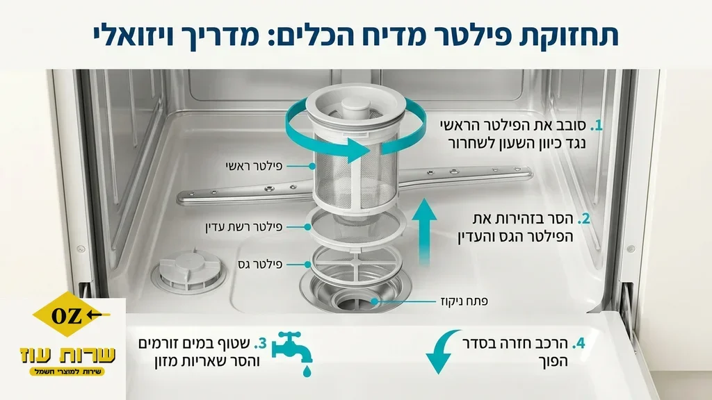 Close up of a dishwasher being inspected, showing the filter area. בדיקה ותיקון של מדיח כלים במטבח