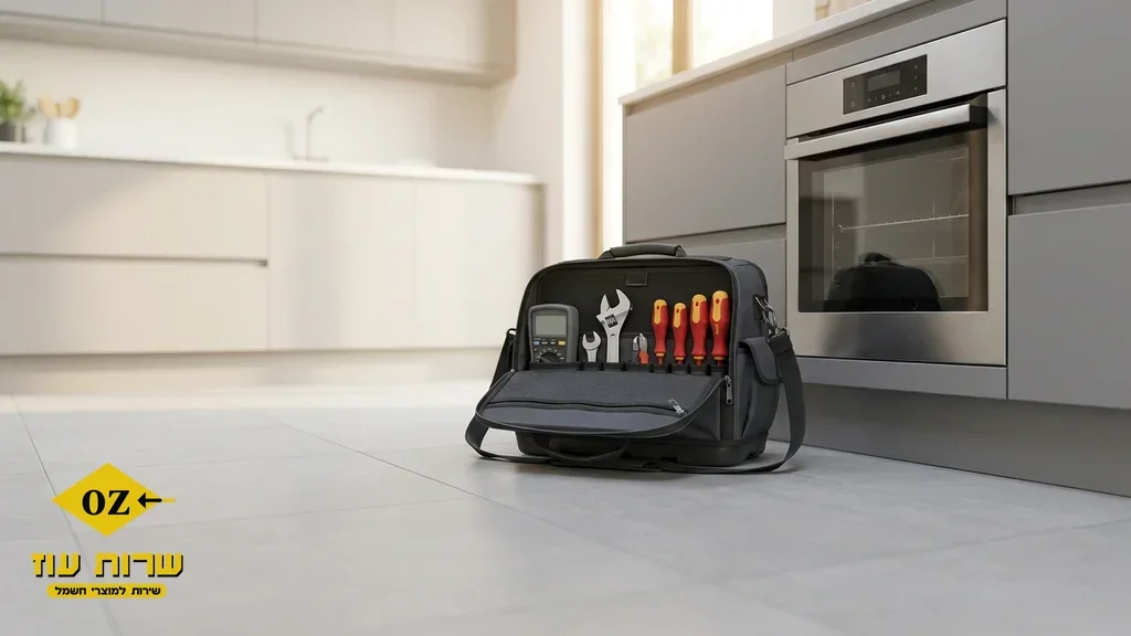 A professional technicians tool bag next to an oven, representing reliable service. שירות תיקונים מקצועי למכשירי חשמל בעפולה והעמקים