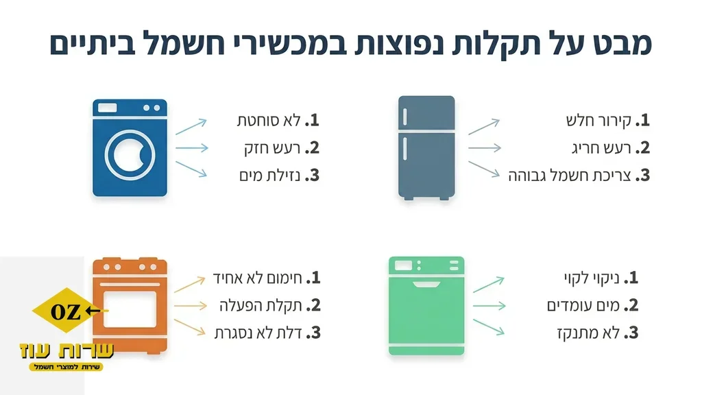 Before the table comparing common appliance issues and repair times. מגוון מכשירי חשמל ביתיים במטבח מודרני